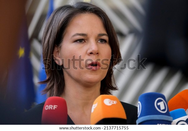 German Foreign\
Minister Annalena Baerbock makes a statement as he arrives for a\
Foreign Affairs Council (FAC) meeting at the EU headquarters in\
Brussels, Belgium on March 21, 2022.\

