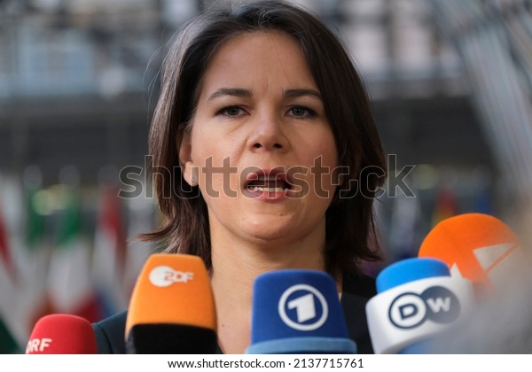 German Foreign\
Minister Annalena Baerbock makes a statement as he arrives for a\
Foreign Affairs Council (FAC) meeting at the EU headquarters in\
Brussels, Belgium on March 21, 2022.\
