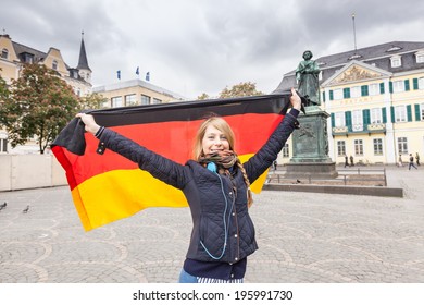 German Girl With Flag In Bonn Main Square