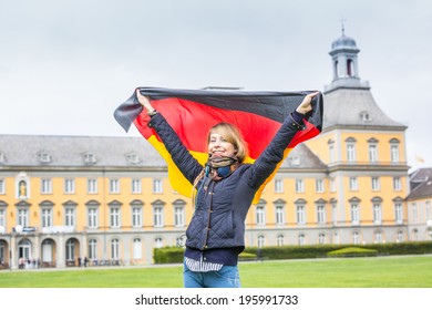 German Girl With Flag In Front Of Bonn University