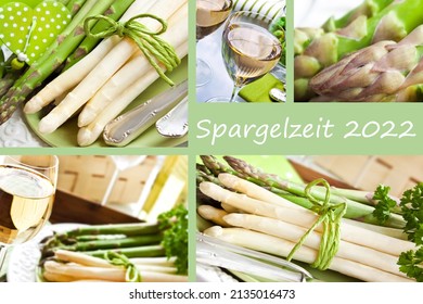 German label with Asparagus Season 2022 and green white asparagus with wine