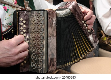 German man's hands playing a traditional accordion