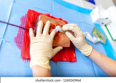 German Military Medic Practice Bleeding Control On A Wound Dummy