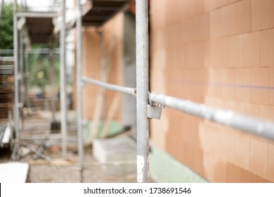 German Modern Brick Semi-detached House Building Construction Site Scaffolding Welded Each Other Close Up Shot Building Side View Background Behind 