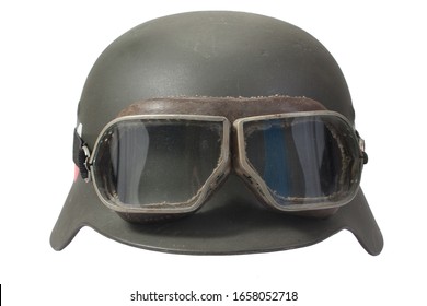 German Nazi Army Helmet With Protective Goggles Isolated On White Background