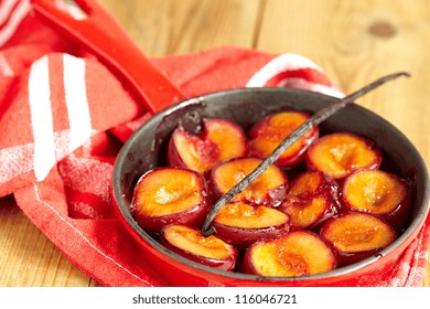 German Poached Plums (Pochierte Pflaumen) In Vanilla & Orange Blossom Water