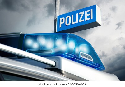 German Police Car With Blue Light And Police Sign