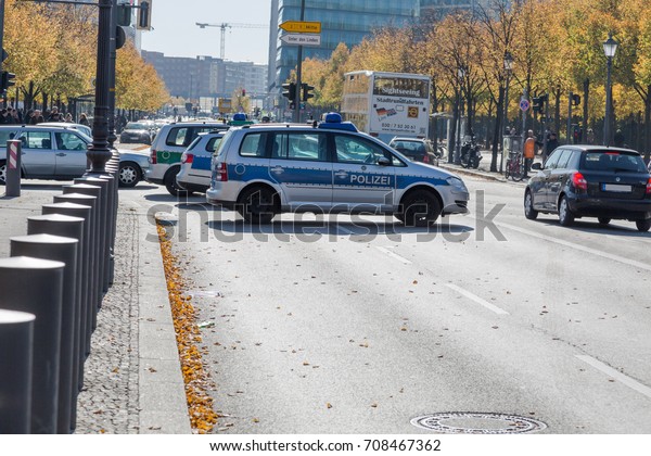 German Police, Polizei, cars\
block a street, Ebertstrasse to Berlin. Berlin, Germany\
10/10/2015