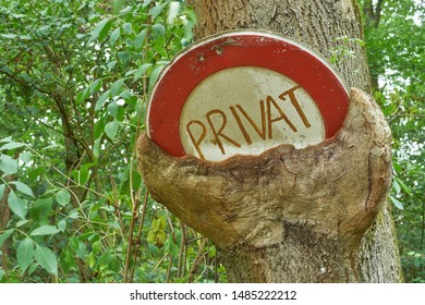 German private warning text. Private property shield is ingrown in the tree - Shutterstock ID 1485222212