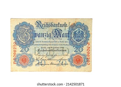 German Reich Banknote, 1914, Against A White Background