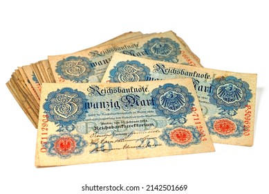 German Reich Banknotes, 1914, Against A White Background