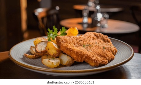 German Schnitzel Plate: Breaded Wiener Schnitzel with crispy potatoes on a ceramic plate