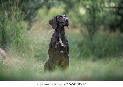 German shorthaired pointer sitting in the grass