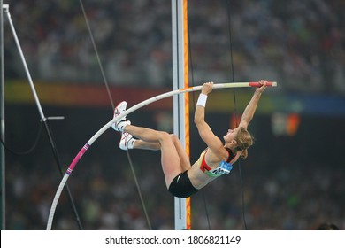 German Silke Spiegelburg Competes With Isinbayeva In The Pole Vault Final At The National Stadium At The China 2008 Beijing Olympic Games On August 18, 2008.