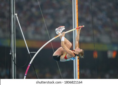 German Silke Spiegelburg Competes With Isinbayeva In The Pole Vault Final At The National Stadium At The China 2008 Beijing Olympic Games On August 18, 2008.