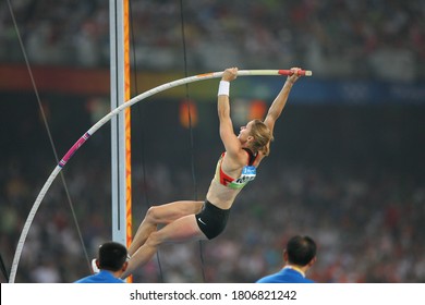 German Silke Spiegelburg Competes With Isinbayeva In The Pole Vault Final At The National Stadium At The China 2008 Beijing Olympic Games On August 18, 2008.