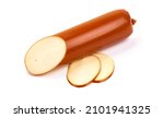German Smoked cheese sausage, macro, isolated on white background