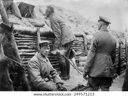 German soldiers observing No Man's Land from their trench. World War 1. 1914-15.