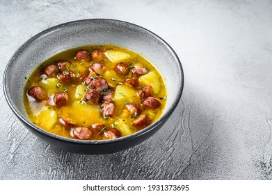 German Split Pea Soup With Smoked Sausages. White Background. Top View. Copy Space.