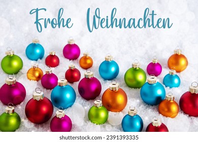 German Text Frohe Weihnachten, Means Merry Christmas In English, On White Snow, With Many Colorful Christmas Balls, Winter Background - Powered by Shutterstock