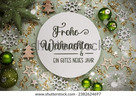 German Text Frohe Weihnachten Und Ein Gutes Neues Jahr, Means Merry Christmas And Happy New Year In English, Winter Flatlay, Green Christmas Decoration, Background With Snow