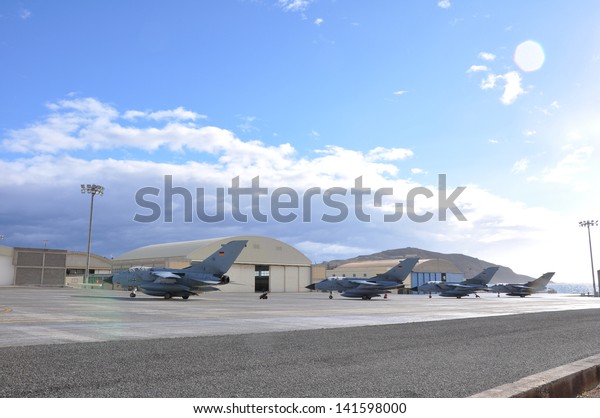 German Tornado jets parked on a ramp at\
Gando Air Base in the Canary islands of\
Spain