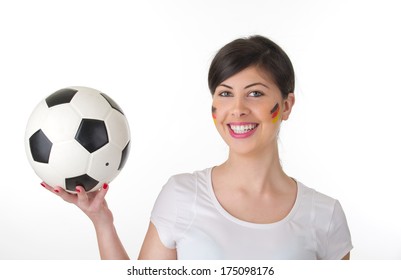 German Woman Fan Holding The Ball In Her Hand Isolated On White