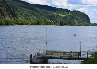 Brohl-Lützing, Germany - 05 25 2022: Rhine With Vulkan Express Jetty And The Hills On The Est Side