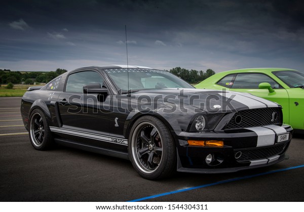Germany -\
20.09.2019: A black-white Ford Mustang\
Shelby