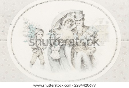 GERMANY, AACHEN - CIRCA 19010: old photo of christmas winter scene with lady and gentelman. Illustrative Image, subject of human interest
