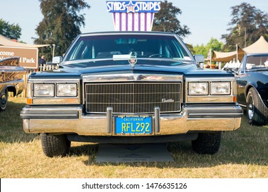 Jüchen, Germany - August 2019. Front View Of A Black 1980s Cadillac Brougham At Classic Days, Schloss Dyck, Germany. The Cadillac Brougham Was A Line Of Luxury Cars Manufactured By General Motors.