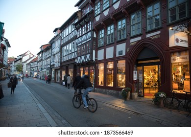 Göttingen Germany. Autumn, 2020. Old Town Shops And Architecture On Narrow Street. Vanishing Point. 