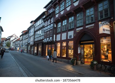 Göttingen Germany. Autumn, 2020. Old Town Shops And Architecture On Narrow Street. Vanishing Point. 