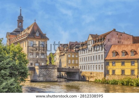 germany bamberg regnitz upper bridge town hall painting river water old town city sightseeing beauty