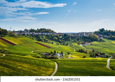 Germany, Beautiful Little Village Of Stuttgart District Rotenberg, A City On A Hill Surrounded By Colorful Vineyards In Impressive Nature Landscape