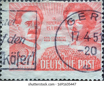 GERMANY, Berlin - CIRCA 1949: A Postage Stamp From Est Germany, Showing Karl Liebknecht And Rosa Luxemburg. In Memoriam  January 15, 1919