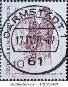 GERMANY, Berlin - CIRCA 1969: A Postage Stamp From Germany, Berlin Showing 19th Century Berliners. W. Allers The Newspaper Seller