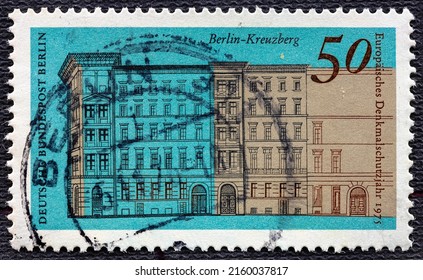 GERMANY, Berlin - CIRCA 1975: a postage stamp from Germany, Berlin showing a street row in Berlin Kreuzberg text: European monument year 1975.