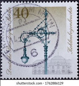 GERMANY, Berlin - CIRCA 1979: A Postage Stamp From Germany, Berlin Showing 300 Years Of Historical Street Lighting: Electric Carbon Arc Lamp