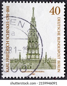 GERMANY, Berlin - CIRCA 1981: Postage stamp printed in Germany shows Kreuzberg War Memorial - Karl Friedrich Schinkel architect , serie.