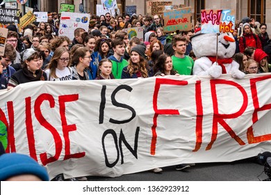Germany, Berlin: Greta Thunberg and Luisa Neubauer in first row at Fridays for Future demonstration with young pupils people students men women in the city center of the German capital. March 29, 2019