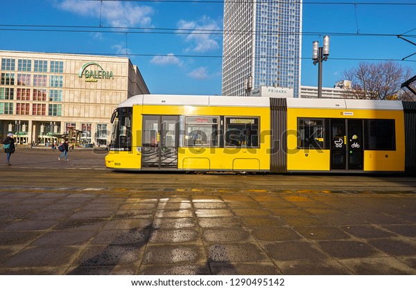 Germany. Berlin. Tram on Alexanderplatz square in\
Berlin. February 16,\
2018