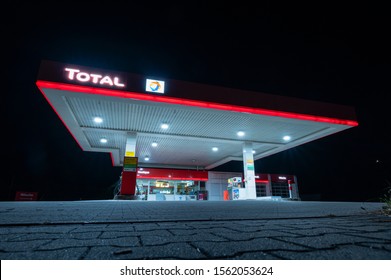 Germany , Lübbenau - Boblitz , 04.09.2019 , A Total Petrol Station Illuminated At Night