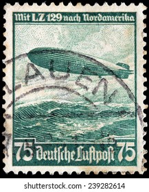 GERMANY - CIRCA 1936: A Stamp Printed By GERMANY Shows  A Large German Commercial Passenger-carrying Rigid Airship LZ 129 Hindenburg (Luftschiff Zeppelin), Circa 1936