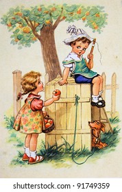 GERMANY - CIRCA 1952: Postcard printed in GDR shows Girl holds out an apple to the boy, who sits on the dog house, circa 1952