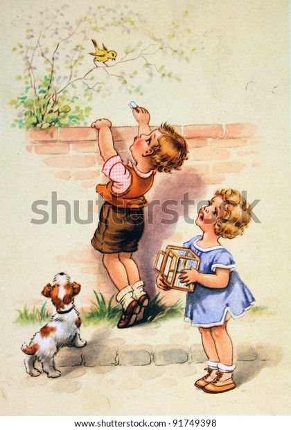 GERMANY - CIRCA 1952: Postcard printed in GDR shows\
Boy entices the bird that\'s just missed out of the cage girl, circa\
1952