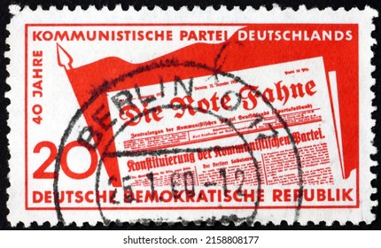 GERMANY - CIRCA 1958: A Stamp Printed In Germany Shows Communist Newspaper, The Red Flag, German Communist Party, 40th Anniversary, Circa 1958