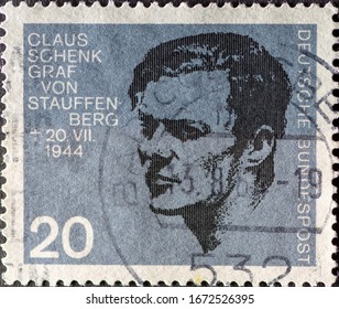 GERMANY - CIRCA 1964: A Postage Stamp Showing A Portrait Of Claus Schenk Graf Von Stauffenberg Who Was A Resistance Fighter Against Adolf Hitler. 20th Anniversary In 1964