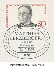 GERMANY - CIRCA 1975: A Postmark Germany, Shows Portrait Of Matthias Erzberger (1875-1921), Statesman, Signer Compiegne Armistice (1918) At End Of World War I, Reich Minister Of Finance, Circa 1975