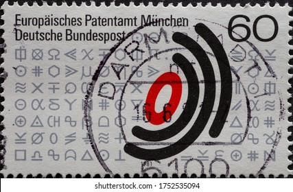 GERMANY - CIRCA 1981: a postage stamp printed in Germany showing the sign of the European Patent Organization with further technical symbols.Text: European Patent Office Munich